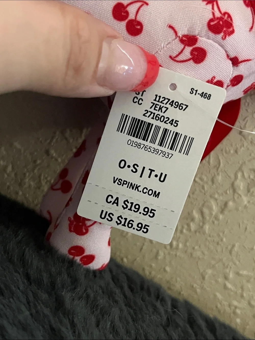 PINK Victoria's Secret Pink & Red Cherry-Print Plush Dog Figurine